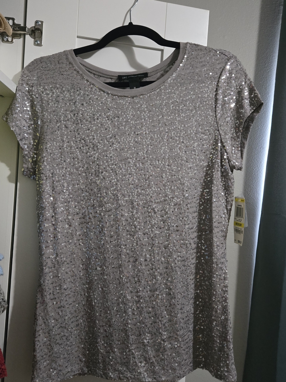 Vintage INC International Concepts Silver Sequin Short Sleeve Top NWT